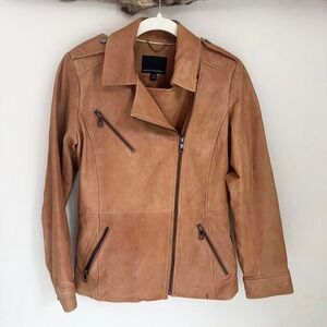 Banana Republic Women Brown Leather Moto Biker Jacket XS Belted Asymmetrical Zip